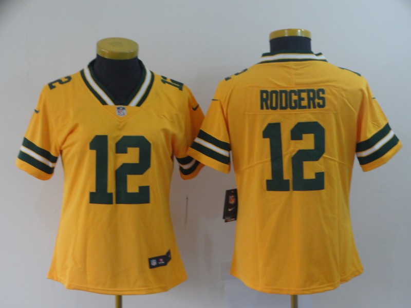 Women's Green Bay Packers #12 Aaron Rodgers Gold Inverted Legend Stitched NFL Jersey(Run Small)